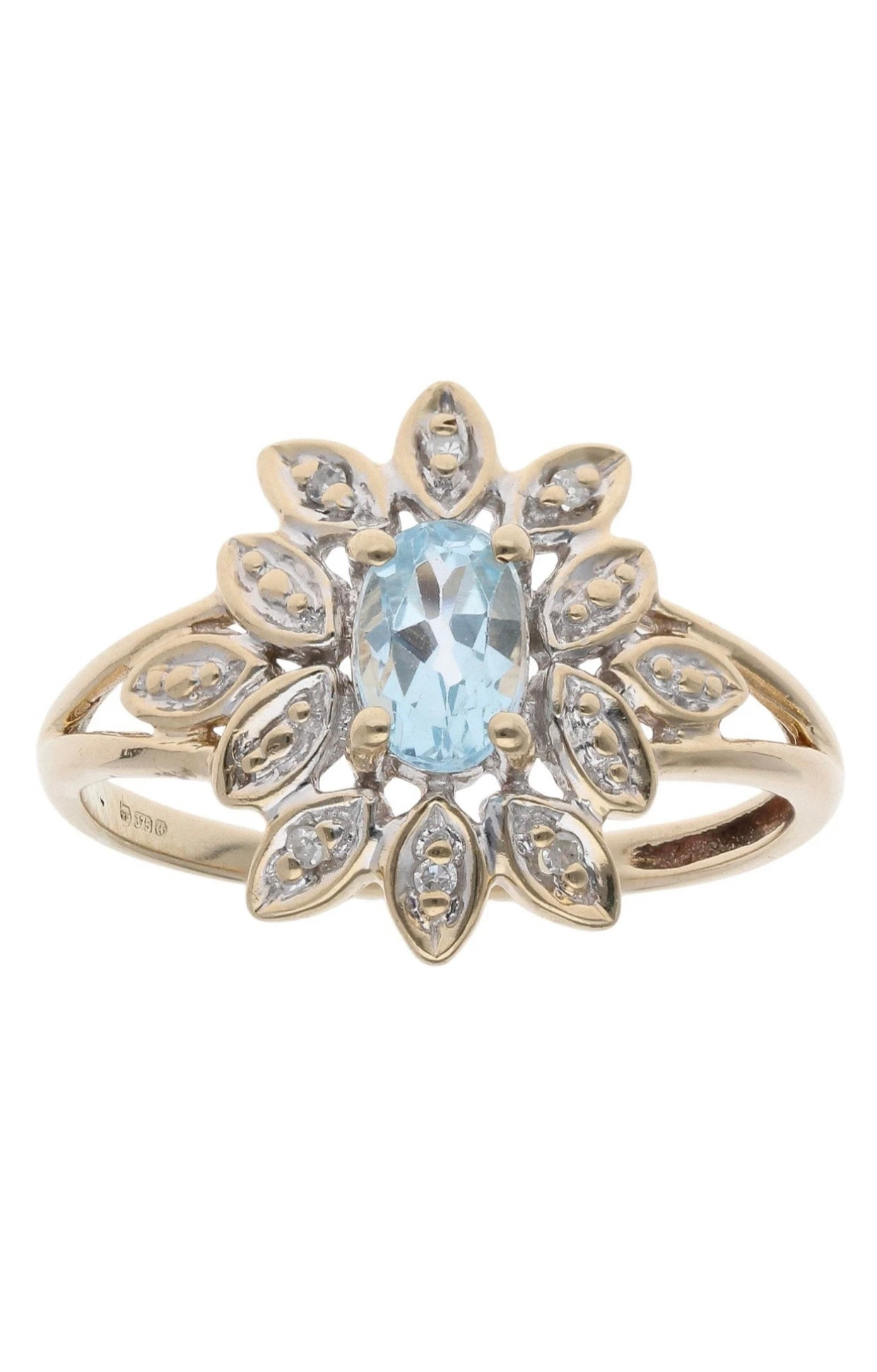 Yellow Gold 0.05ct Diamond And Aquamarine Cluster Ring - Size M