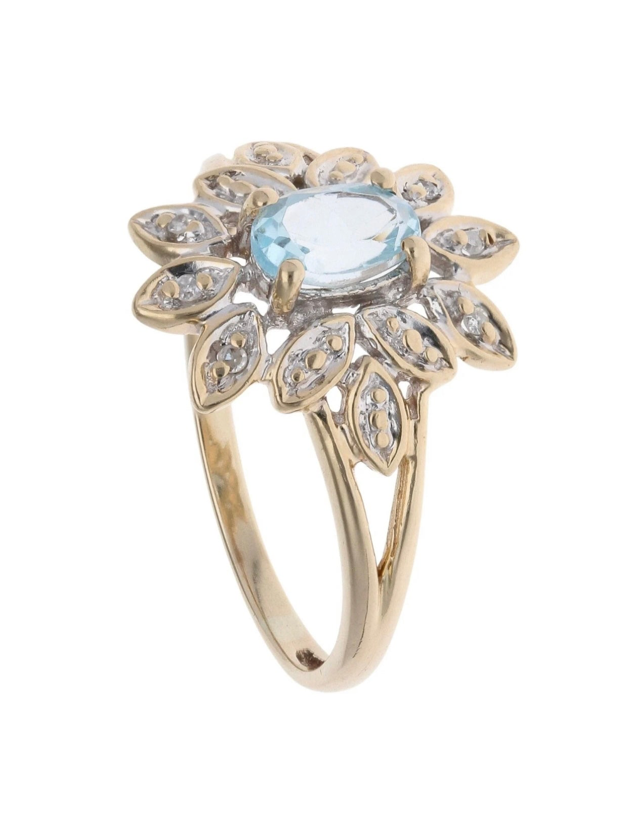 Yellow Gold 0.05ct Diamond And Aquamarine Cluster Ring - Size M