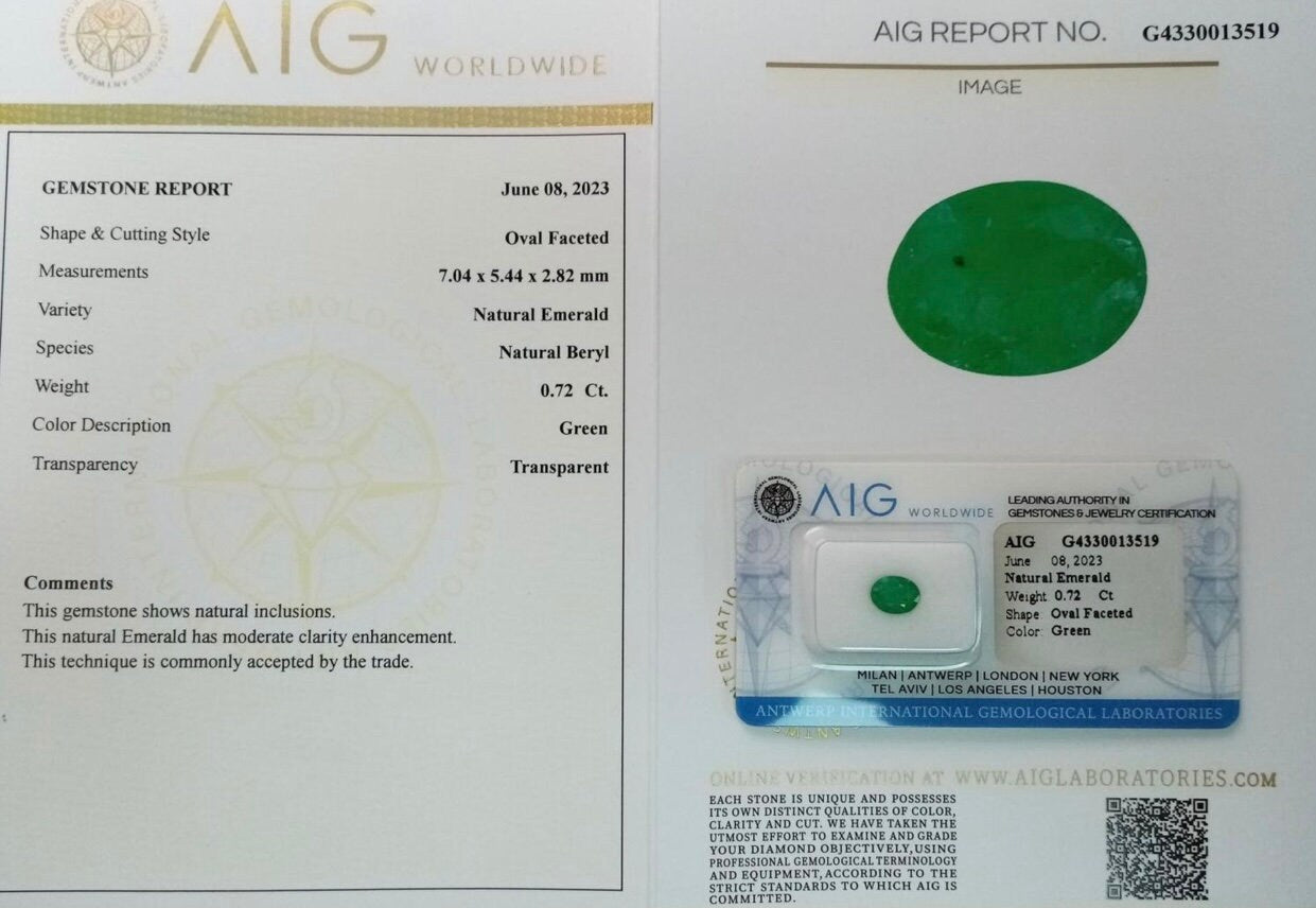 0.72 ct Zambian Natural Emerald AIG milan cert sealed