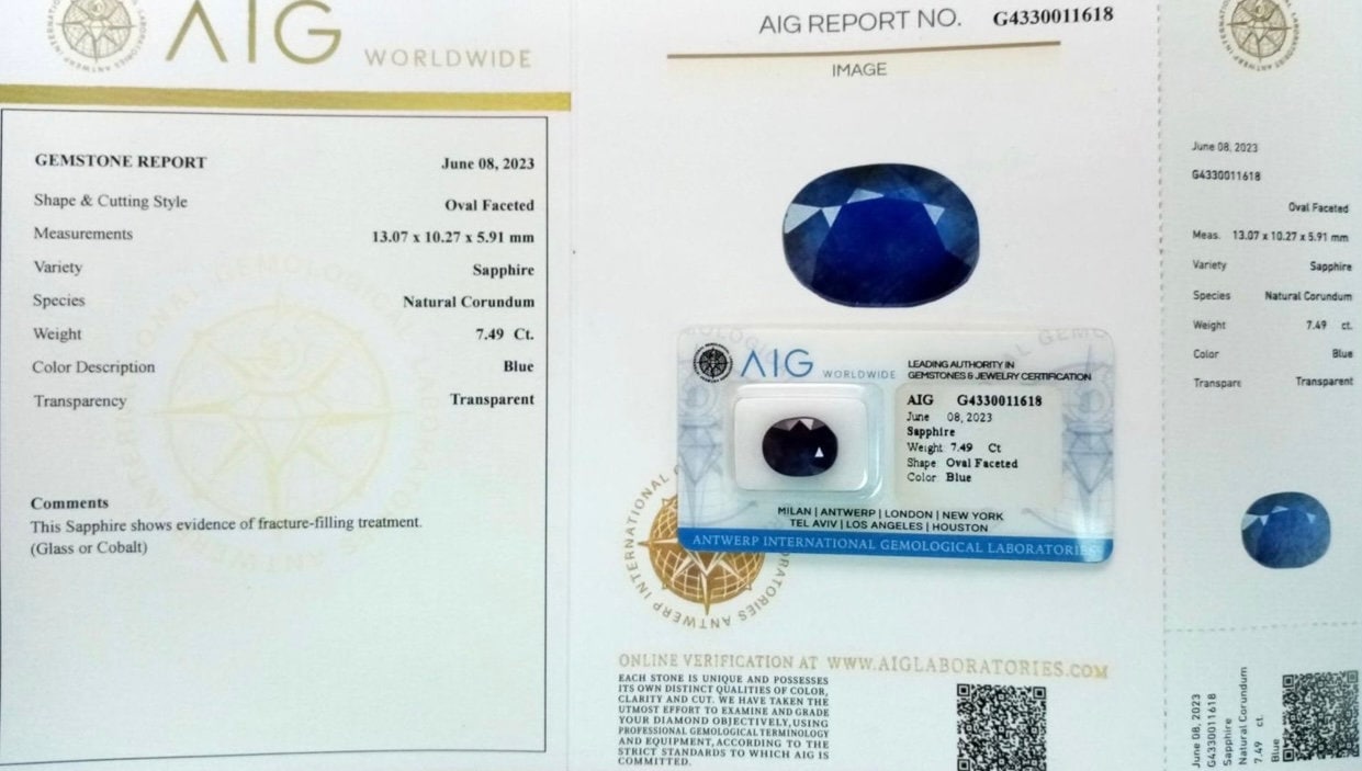 7.49ct Natural Blue Sapphire sealed AIG cert