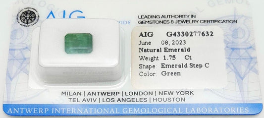 1.75ct Zambian Natural Emerald AIG milan sealed cert