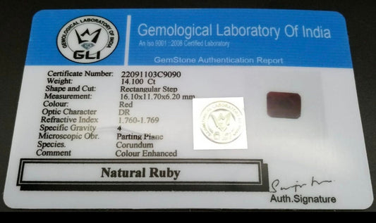 14.10ct Natural Ruby Gemstone GLI cert