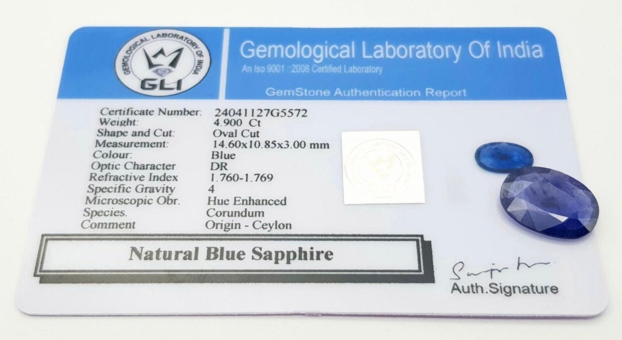 4.90ct natural Sri Lankan blue sapphire oval cut with GLI Cert