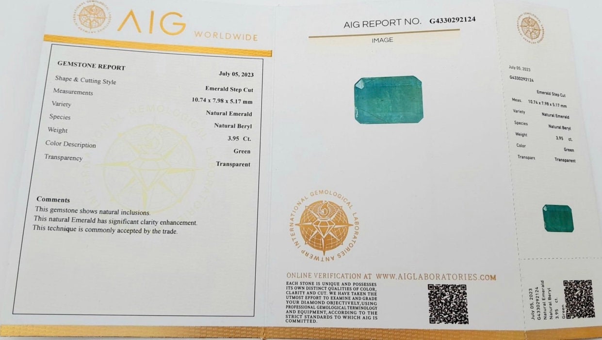 3.95 ct Zambian Natural Emerald AIG sealed cert