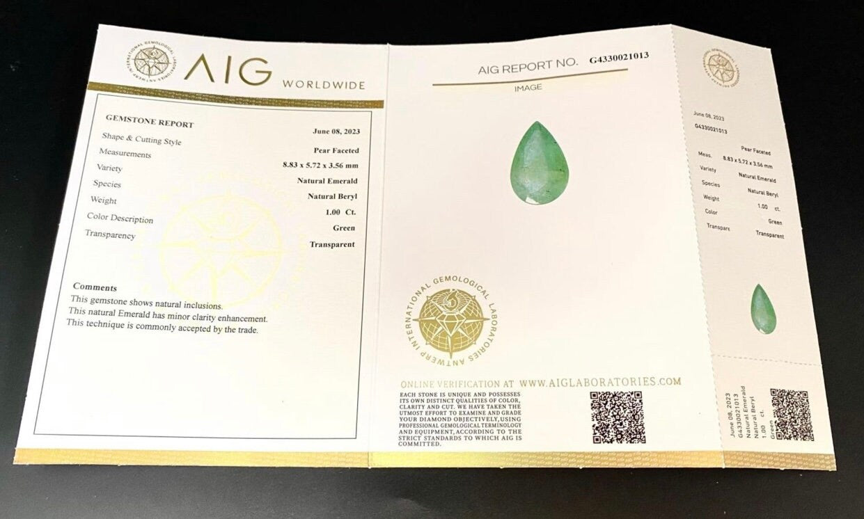 1ct Zambian Natural Emerald Pear Shaped AIG cert