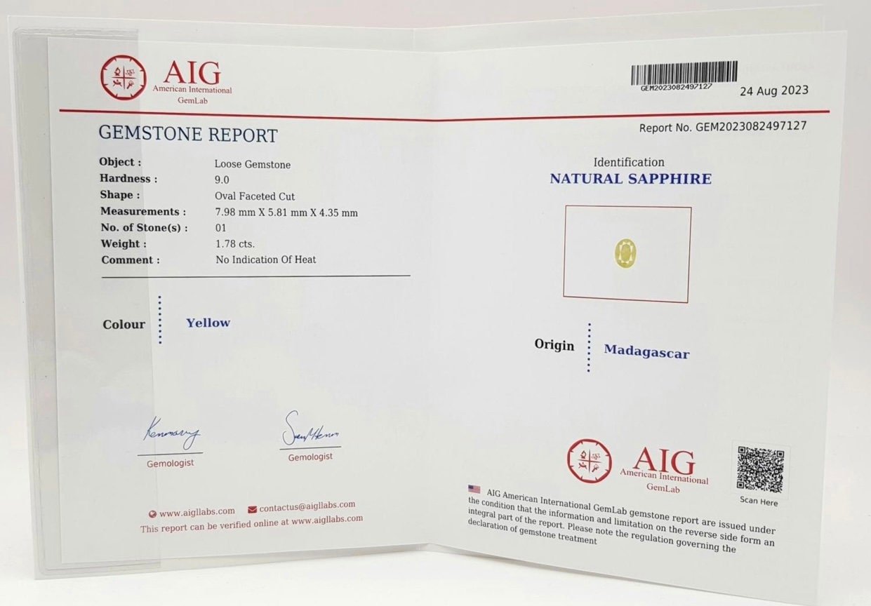 1.78ct Natural Yellow Sapphire AIG cert