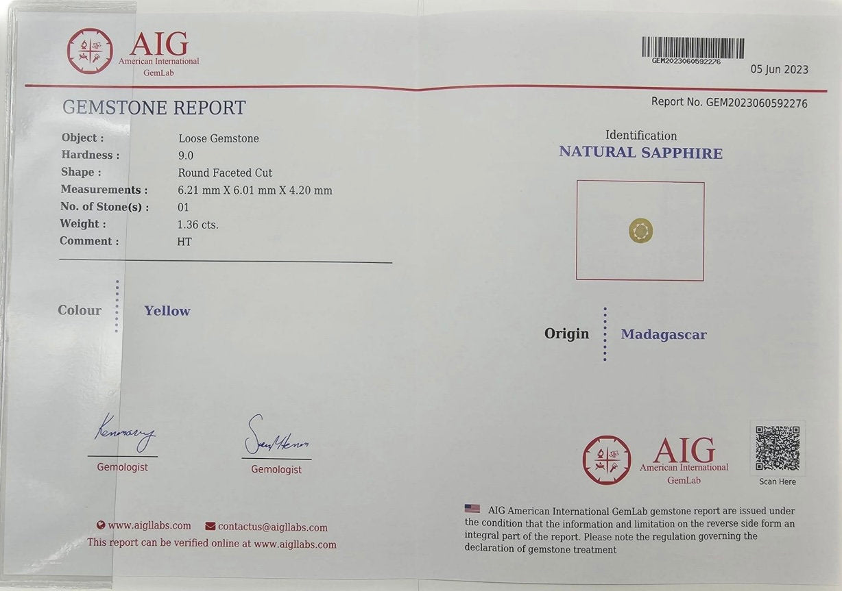 1.36ct Natural Yellow Sapphire AIG cert