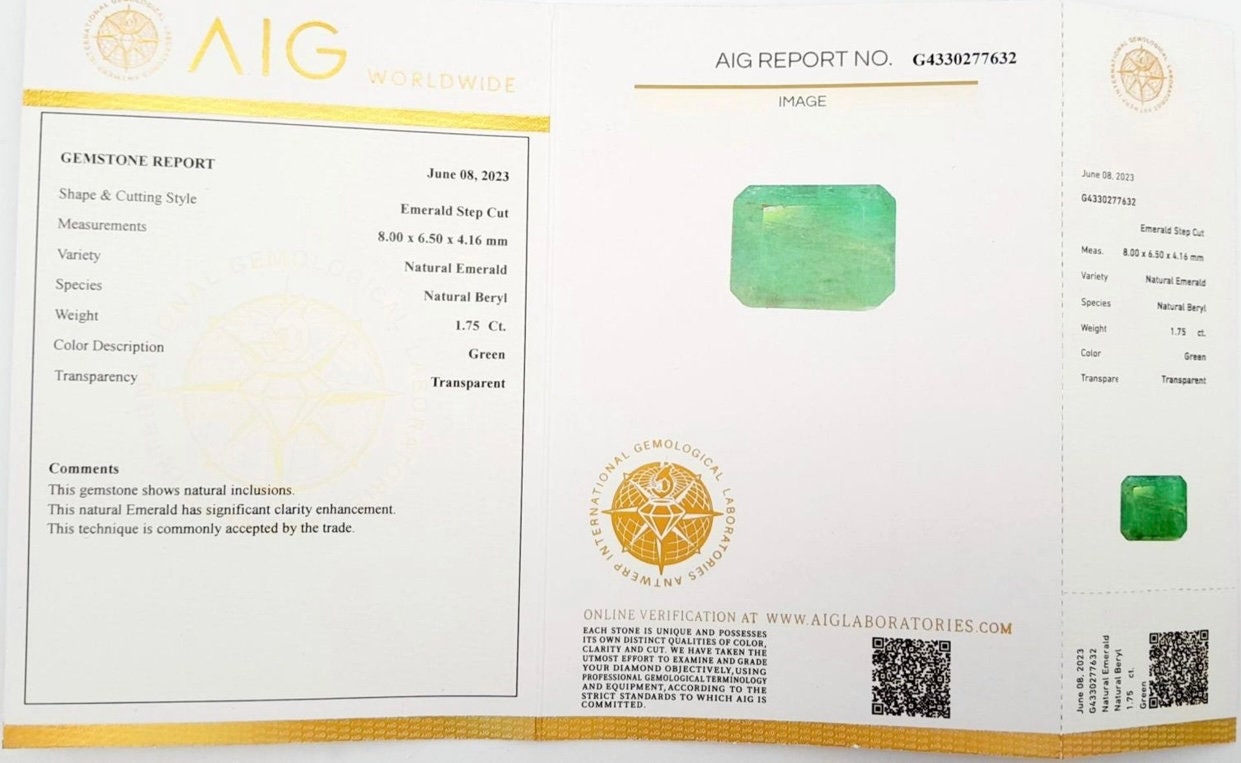 1.75ct Zambian Natural Emerald AIG milan sealed cert