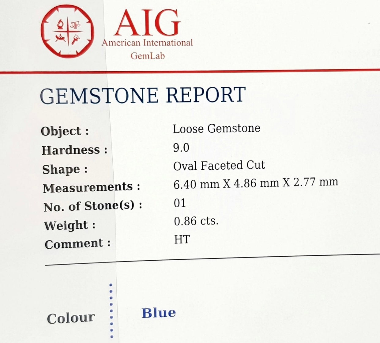 0.86ct Madagascan Natural Blue Sapphire AIG cert and sealed