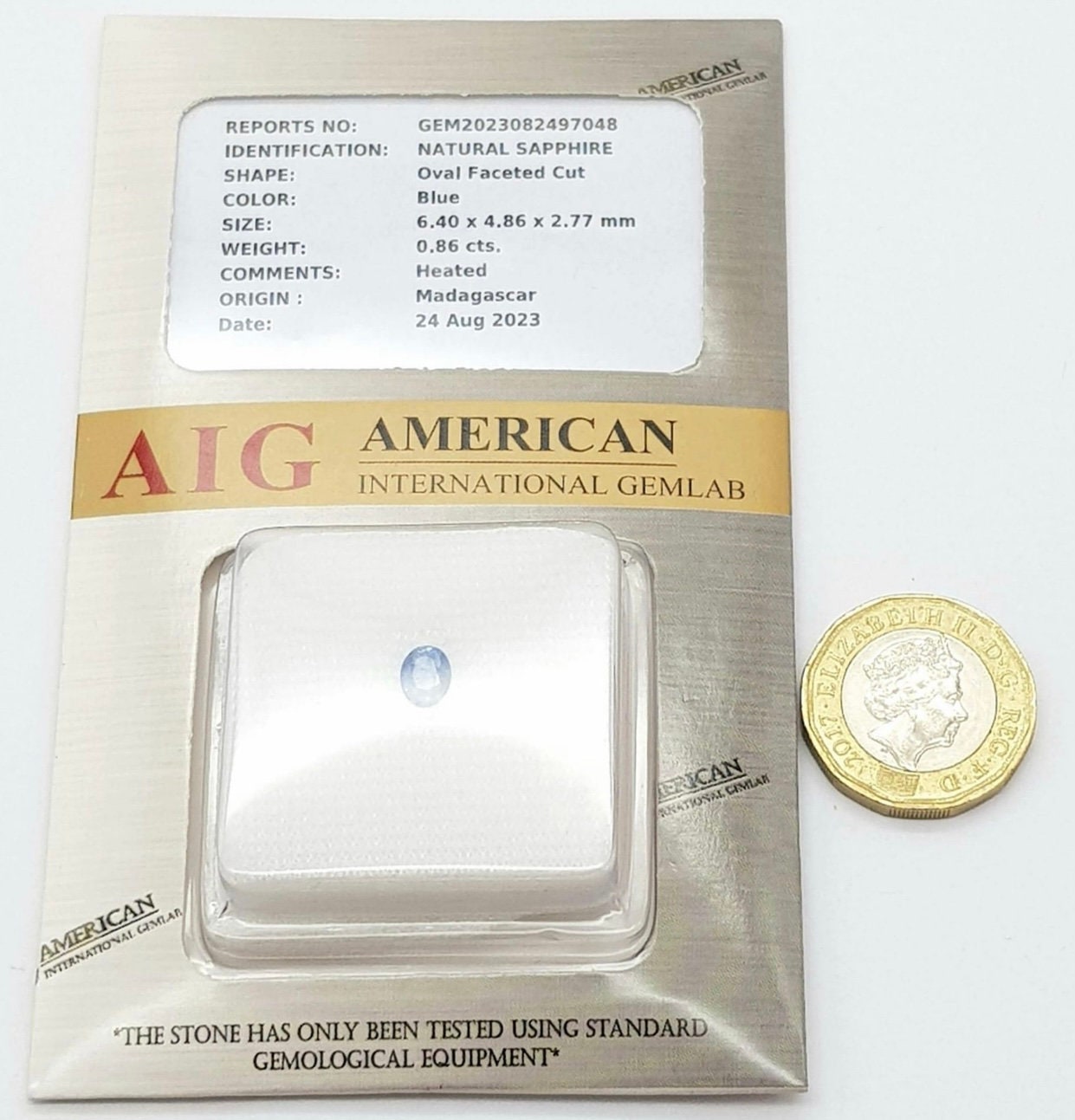 0.86ct Madagascan Natural Blue Sapphire AIG cert and sealed