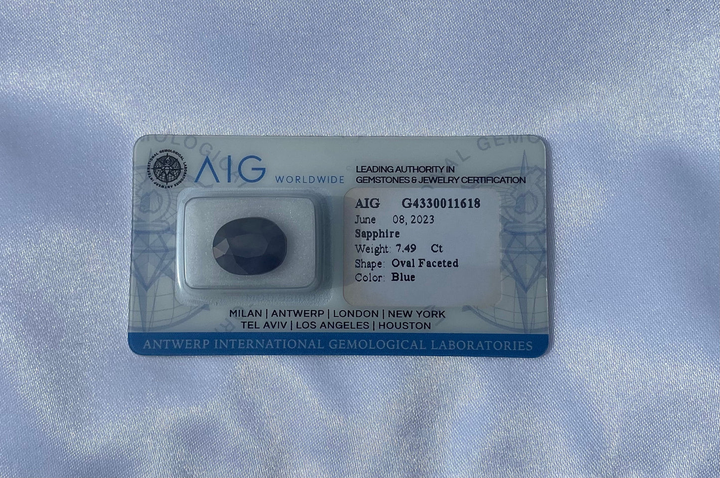 7.49ct Natural Blue Sapphire sealed AIG cert